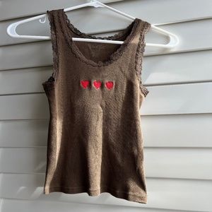 Brandy Melville Ronnie Lace Brown Tank Three Red Hearts